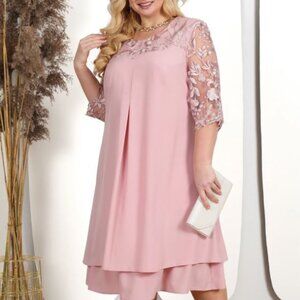 Women Plus Size Short Sleeve Embroidery Floral Formal Wedding Dress, Pink, XL